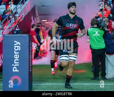 Cork, Irlanda. 3 febbraio 2024. Quinten Strange of Crusaders durante il test match tra Munster Rugby e Crusaders a Pairc UI Chaoimh a Cork, Irlanda, il 3 febbraio 2024 (foto di Andrew SURMA/ Credit: SIPA USA/Alamy Live News Foto Stock