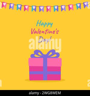 Scatola regalo per San Valentino con stile cartoni animati a nastro. Ghirlande di cuccette e regali per biglietti d'auguri di compleanno, cartolina con poster, invito. Pagina del modello di sfondo dell'illustrazione del disegno vettoriale Illustrazione Vettoriale