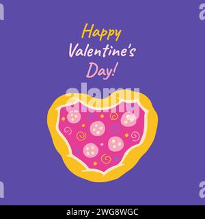 Biglietto di San Valentino con pizza a forma di cuore in stile cartone animato. Divertente disegno romantico per pranzo per biglietti di auguri di san valentino, cartolina, pagina modello di copertina invito. Adoro l'illustrazione vettoriale per la progettazione di pizza Illustrazione Vettoriale