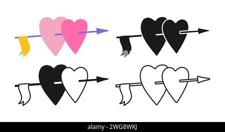 Cuore con icona a freccia simbolo cartoon e doodle, timbro set stilizzato. Invito di San Valentino, cupid DART traspirante nel design del cuore. Simbolo d'amore romantico con la freccia di cupido. Illustrazione grafica vettoriale Illustrazione Vettoriale