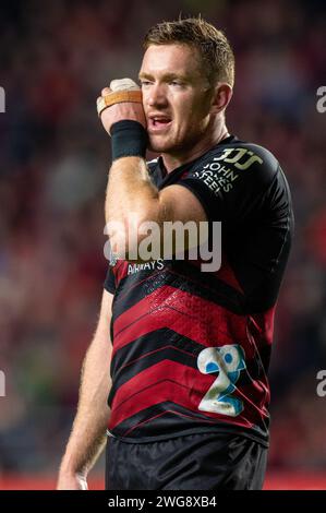 Cork, Irlanda. 3 febbraio 2024. Dallas McLeod of Crusaders durante il test match tra Munster Rugby e Crusaders a Pairc UI Chaoimh a Cork, Irlanda, il 3 febbraio 2024 (foto di Andrew SURMA/ Credit: SIPA USA/Alamy Live News Foto Stock