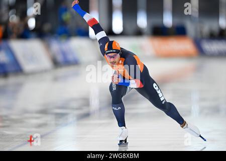 Quebec, Canada. 3 febbraio 2024. QUEBEC, CANADA - 3 FEBBRAIO: Sebastian Diniz dei Paesi Bassi gareggia sulla 500m B Division maschile durante la ISU Speed Skating World Cup al Centre de Glaces Intact Assurance il 3 febbraio 2024 a Quebec, Canada. (Foto di David Kirouac/Orange Pictures) credito: dpa/Alamy Live News Foto Stock