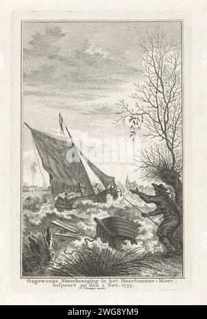 Turbulent Water in the Haarlemmermeer, 1755, 1755 stampano acqua insolitamente turbolenta, durante il tempo tranquillo, a Haarlemmermeer il 1° novembre 1755. Sulle barche d'acqua bisognose, un uomo guarda la banca. Fenomeni meteorologici di incisione/incisione della carta dei Paesi Bassi settentrionali Haarlemmermeer Foto Stock
