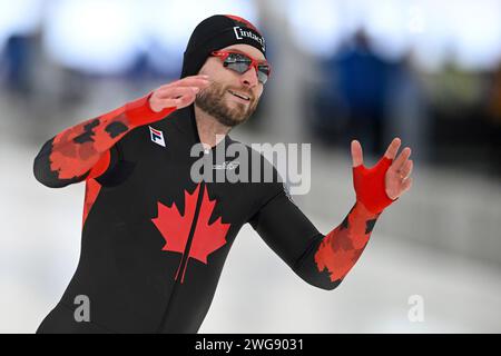 Quebec, Canada. 3 febbraio 2024. QUEBEC, CANADA - 3 FEBBRAIO: Laurent Dubreuil del Canada gareggia sulla Women's 500m A Division durante la ISU Speed Skating World Cup al Centre de Glaces Intact Assurance il 3 febbraio 2024 a Quebec, Canada. (Foto di David Kirouac/Orange Pictures) credito: dpa/Alamy Live News Foto Stock