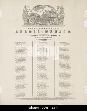 KermisStrent of the Amsterdam Current Covers for the Year 1860, Dirk Wijbrand Tollenaar, 1860 stampa KermisStrent for the Omenders of Courants (giornale deliverers) ad Amsterdam, 10 settembre 1860. In cima un medaglione con un volto alla fiera al Botermarkt. In fondo una poesia in tre colonne. Dal Courantombrenger: C. van den Elsakker. Amsterdam carta letterpress stampa Pleasure Fair e circo Amsterdam. Mercato del burro Foto Stock