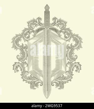 antica spada con ornamento e cornice, incisione vintage disegno in stile disegno Illustrazione Vettoriale