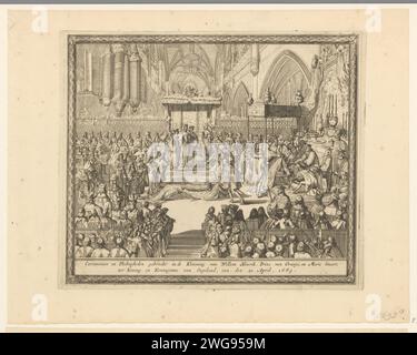 L'incoronazione di Willem e Maria come re e regina d'Inghilterra, 1689, 1691 stampa l'incoronazione di Guglielmo III e Maria come re e regina d'Inghilterra nell'Abbazia di Westminster, 21 aprile 1689. Tavola 13 in una serie di 20 registrazioni sulla Gloriosa Rivoluzione in Inghilterra negli anni 1688-1691. Incisione cartacea dei Paesi Bassi del Nord durante l'incoronazione dell'Abbazia di Westminster Foto Stock