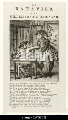 Cartone animato su Willem V Who Wants to Take a Gelderland Farmer's food, 1786, Rienk Jelgerhuis, 1786 stampa Cartoon at Stadholder Willem V dopo gli eventi intorno a Hattem ed Elburg, all'inizio di settembre 1786. Il principe vuole prendere il Consiglio con cibo e pane da un agricoltore della Gelderland, l'agricoltore protesta fermamente contro questo. Sulla foglia sotto il piatto un verso di sedici righe: No! Heillaos Dwingland! no, no! Stampa di carta da lettera nei Paesi Bassi del Nord Eating Gelderland Foto Stock