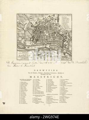 Piano della città di Maastricht, 1747, 1747 stampa Plan van Maastricht con le difese intorno alla città nell'anno 1747. In alto a destra un cartiglio con la leggenda davanti alle porte della città numerata 1-10. La mappa inclusa qui in relazione all'assedio della città da parte dei francesi sotto Maurits van Saxony e Lowendal dal 15 aprile e presa il 7 maggio 1748. Sulla rivista sotto la targa la legenda 1-42, A-AA e A-KK in olandese. Tipografia: Olanda settentrionale spublisher: Amsterdam cartaceo incisione/stampa di carte di città. Fortezza Maastricht Foto Stock