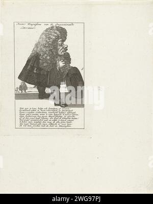 Caricatura di Nano e De Windhandel, 1720, 1770 - 1780 stampa decorosamente vestita di nano con una grande parrucca, il cappello in mano. Caricatura di cifre nel commercio eolico, con un riferimento nella didascalia a Vianen. Numero 6. Stampato da un grande piatto su cui sono incise tutte e quattro le rappresentazioni numerate 5-8. Copia per stampare 29/6 nella serie The Great Scene of Foolishness con cartoni animati sul commercio eolico o di azione del 1720. La carta dei Paesi Bassi del Nord incide sulle piccole persone. Caricature (tipi umani) Vianen Foto Stock