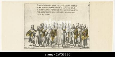 Musicisti di gruppo, no 2, 1619 stampa gruppo di musicisti con trombe con striscioni e due batteristi. Parte della serie stampata della processione funeraria dell'imperatore Karel V il 29 dicembre 1558 a Bruxelles. Corteo di incisione/incisione della carta dei Paesi Bassi meridionali, processione funebre Bruxelles Foto Stock