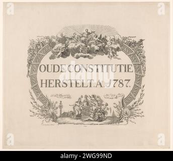 Allegoria sulla restaurazione dello stadholder, 1787, Jan Gerritsz. Visser, in onore di Antoni Zürcher, 1787 stampa olandese carta incisa Freedom, Liberty; 'LibertÃ' (Ripa) (+ concetto astratto rappresentato dalla figura femminile). Simboli, allegorie della pace, "Pax"; "Pace" (Ripa). Giustizia, "Justitia"; "Giustitia divina" (Ripa)  una delle quattro virtù cardinali. Padre tempo, uomo con ali e falce Foto Stock