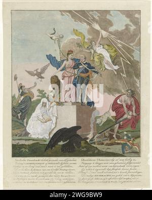 Allegoria sul recupero di Willem V come Stadholder, 1787, Anonymous, 1787 stampa allegoria orangistica sul ripristino di Stadholder Willem V nel 1787. Lo stadholder si trova su una pietra angolare con la Vergine olandese e il Leone. Doppio tentativo invano di rovesciare la pietra angolare dell'edificio statale. Un'aquila prussiana Verjaaagt il gallo francese e la pantera inglese. L'Eendracht ha fulmini che scendono dal cielo sulla discordia. Con didascalia in due colonne. La stampa include anche una spiegazione separata. Incisione/incisione della carta nei Paesi Bassi settentrionali personalizzazioni di paesi, nazioni Foto Stock