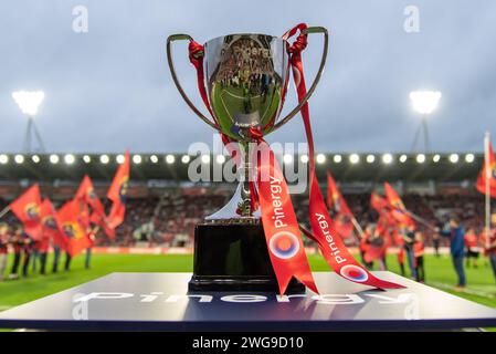 Cork, Irlanda. 3 febbraio 2024. Il Trofeo raffigurato durante il test match tra Munster Rugby e Crusaders a Pairc UI Chaoimh a Cork, Irlanda, il 3 febbraio 2024 (foto di Andrew SURMA/ Credit: SIPA USA/Alamy Live News Foto Stock