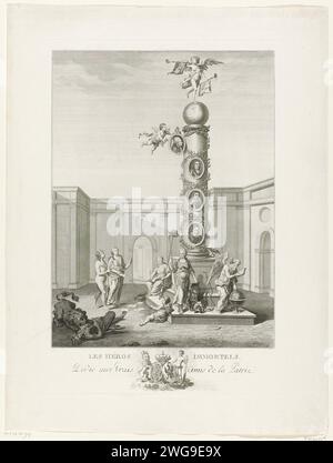 Immortal Heroes, 1787, Anonymous, 1787 stampa Allegory on the Restoration of Stadholder Willem V nel 1787. Colonna onoraria con i ritratti di Willem van Oranje, Frederik Hendrik e Willem III e sopra i quali viene appeso il ritratto di Willem V. In cima alla colonna, la fama soffia sulla tromba. Ai piedi della colonna, la verità ha tolto la benda dagli occhi della Repubblica, inoltre Freedom, Wilhelmina di Prussia come Minerva e Father Time. Lasciato il Leone olandese lacrime il Divino. Nella didascalia le armi di Oranje e Prussia. La stampa include una dichiarazione. Stampatore: Norther Foto Stock