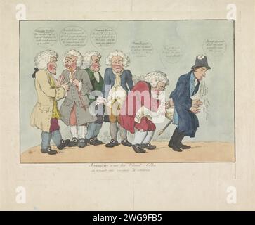 Napoleons in Treatment with foreign Doctors, 1814, Anonymous, 1814 stampa Cartoon on on Napoleon's Exile to Elba, maggio 1814. Napoleone viene esaminato da medici sorpresi provenienti dai paesi alleati: Inghilterra, Prussia, Russia, Svezia e Austria. Il medico inglese guarda sul retro dei pantaloni di Napoleone e nota "Egg Look! Il cuore nei pantaloni! “Nel frattempo, Napoleone sta vincendo le aree conquistate da lui, compresa l’Olanda. Esame di incisione/incisione su carta olandese, diagnosi; medico che parla con il paziente. vomito Foto Stock