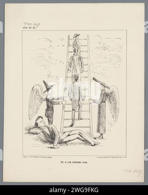 Cartone animato sui vani tentativi di mettere insieme un gabinetto conservatore-liberale, 1873, 1873 stampa Cartoon sui vani tentativi di mettere insieme un gabinetto conservatore-liberale. Presentata come la scala nel sogno di Jacob. Plaat è apparso al Weekblad De Nederlandsche Spectator, no 37, 1873. Tipografia: Netherlandsprinter: Netherlandspublisher: Arnhempublisher: The Hague paper il sogno di Giacobbe: Mentre dorme a terra con una pietra per cuscino Jacob vede una scala che raggiunge dalla terra al cielo con angeli che salgono e scendono; di solito con Dio in cima alla scala Foto Stock