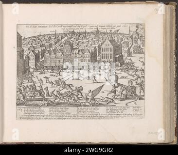 Conquest of Mechelen, 1580, 1581 - c. 1585 stampa Conquest of Mechelen by the State Army of English Soldiers, 9 aprile 1580. In fuga da civili, saccheggi e omicidi in città da parte dell'esercito inglese sotto il comando di Olivier van den Tempel e John Norrits. Con didascalia di 16 linee in tedesco e 3 linee in francese. Numerato in basso a sinistra: 164. La stampa fa parte di un album. Carta di Colonia che incide la cattura della città (dopo l'assedio). Massacro  guerra Mechelen Foto Stock