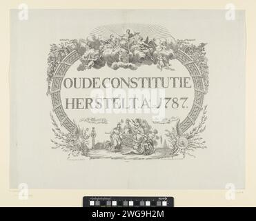 Allegoria sulla restaurazione dello stadholder, 1787, Jan Gerritsz. Visser, dopo Antoni Zürcher, 1787 stampa Allegory per la restaurazione dello Stadholder Willem V nel 1787 con l'intervento delle truppe prussiane. Iscrizione calligrafica con vignette allegoriche. In cima per il sole radioso c'è la giustizia con prudenza e pace. Corno a sinistra e a destra di abbondanza da cui scorrono frutti e ricchezze. In fondo una vignetta con la libertà e il padre tempo. La stampa include una dichiarazione. Incisione/incisione Freedom, Liberty nei Paesi Bassi del Nord; "LibertÃ" (Ripa) (+ astratto Concept REP Foto Stock