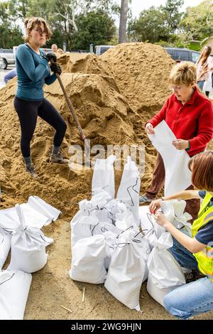 Santa Barbara, Stati Uniti. 3 febbraio 2024. La Santa Barbara Bucket Brigade aiuta i residenti a riempire sacchi di sabbia al Manning Park di Santa Barbara, CALIFORNIA, il 3 febbraio 2024, prima che una grande tempesta invernale colpisse Santa Barbara e la costa centrale della California. (Foto di Rod Rolle/Sipa USA) credito: SIPA USA/Alamy Live News Foto Stock