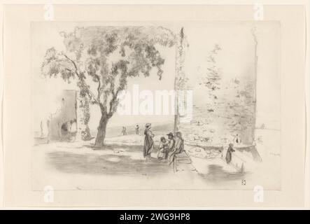 Lavoratori di campagna in riposo in una torre sotto un albero, Johan Daniël Koelman, 1841 - 1857 carta da disegno. paesaggio di gesso con torre o castello. riposo durante il raccolto (mangiare, ballare, fare l'amore, ecc.) Foto Stock