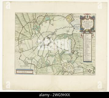 Assedio di Grol, 1627, 1647 - 1649 Stampa Mappa dell'assedio di Groenlo, 1627. Centralmente la città di Groenlo, intorno ai quartieri delle truppe assedianti. In alto a destra un cartiglio con il titolo e la leggenda A-o e 1-18 in latino. Iscrizioni negli spettacoli in francese e olandese. Su un doppio foglio tratto dal libro cittadino di Blaeu, stampato sul retro con testo in olandese. Tipografia: Northern Netherlandspublisher: Amsterdam cartaceo che incide mappe di paesi o regioni separati. Assedio, posizione guerra Groenlo Foto Stock