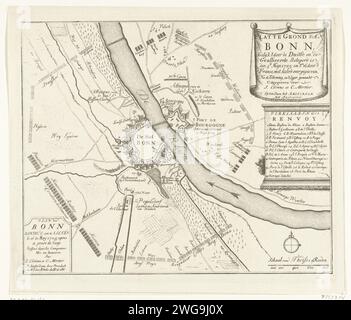 Mappa dell'assedio di Bonn da parte degli Alleati, 1703, 1703 Stampa mappa di Bonn e del paese circostante, assediati dagli Alleati dal 5 maggio 1703 e che fu resa dai francesi il 16 maggio. Tipografia: Olanda settentrionale spublisher: Amsterdam cartaceo incide mappe delle città. Assedio, posizione guerra Bonn Foto Stock