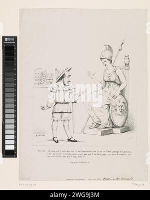 Cartone animato su J.A. Keurenaer, direttore della Deltsche Academy, 1861, 1861 stampa Cartoon on Johannes Augustus Keurenaer, direttore della Royal Academy for the Training of Civil Engineers and East Indian Officials a Delft, ottobre-novembre 1861. Il regista è stato presentato come un ragazzino vicino a una casa di carte crollata 'Vlas Fabrijk' che ora con Minerva vuole giocare. Sulla sua testa porta un cappello di carta con l'iscrizione "Regio Decreto 1842". Con didascalia a tre facce. Tipografia: Netherlandsafter disegno di: Delftpublisher: The Hague carte da gioco cartacee. aspetti specifici, aspetto allegorico Foto Stock