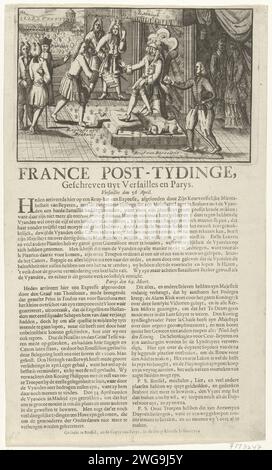 Cartoni animati sulle perdite francesi nel Brabante e Barcellona, 1706, 1706 cartoni animati sulle perdite francesi nel Brabante e Barcellona nel 1706. Re Luigi XIV seduto sul suo trono riceve lettere con cattive notizie dal Brabante e da Barcellona. Sulla rivista sotto la targa le due lettere fittizie datate 56 aprile e 69 marzo, in olandese. Parte di un gruppo di singoli cartoni animati su Luigi XIV durante la guerra di successione spagnola, ca. 1701-1713. Incisione/stampa di carta nei Paesi Bassi del Nord caricature politiche e satire Foto Stock