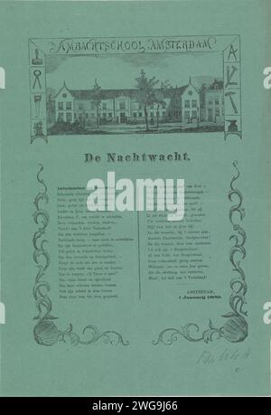 Desiderio di Capodanno da Amsterdam Night Watch per l'anno 1869, Anonymous, 1868 - 1869 stampa il desiderio di Capodanno da Amsterdam Night Watch (Ratelwacht) per l'anno 1869. In basso una poesia in due colonne, in alto una faccia alla prima scuola di artigianato sui Weteringschans. Amsterdam carta da lettera stampa Amsterdam. Prima scuola di artigianato Foto Stock