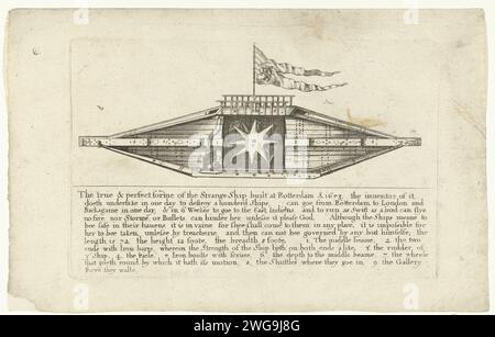 La sciocca nave di Rotterdam, 1653, 1653 stampa la sciocca o meravigliosa nave di Rotterdam, progettata da Jean Duson, 1653. Nave in legno a forma di diamante scollegata con una ruota a tazza o una vite al centro. Con didascalia di 11 righe con la leggenda 1-9 in inglese. L'incisione cartacea inglese improvvisava e faceva insolito traffico sull'acqua Foto Stock