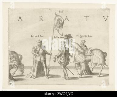 Fa parte della parata, no 13, 1619 stampa tre partecipanti alla parata, cavalli e lo striscione con l'arma di Siviglia. Parte della serie stampata della processione funeraria dell'imperatore Karel V il 29 dicembre 1558 a Bruxelles. Corteo di incisione/incisione della carta dei Paesi Bassi meridionali, processione funebre Bruxelles. Siviglia Foto Stock