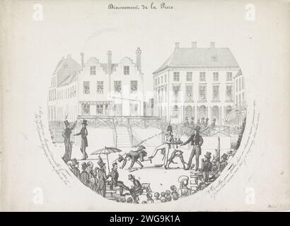 Cartoni animati al concorso musicale di Lille, 1829, Anonymous, 1829 cartoni animati nella competizione musicale tenutasi a Lille il 30 giugno 1829. Momento della cerimonia di premiazione in cui sia De Munck van Brussel che il cappellano di Gand D'Hollander si presentano contemporaneamente per ricevere il primo premio. Nella performance, D'Hollander dà all'altro un calcio contro la sua schiena, facendolo cadere a terra. C'erano anche due cani da combattimento con tubi da cucina legati alla coda e vari altri eventi. Spettacolo ovale con legenda 1-3. È sorto disaccordo sul fatto che il St. Caecilia Vereeniging aveva vinto la prima p Foto Stock