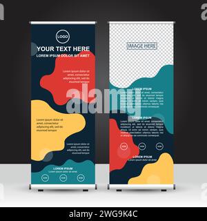 Modello di banner rollup in stile astratto dinamico, banner in piedi, pubblicità e display con sfondo blu scuro. Progettazione vettoriale Illustrazione Vettoriale