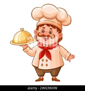 Il cuoco cuoco teneva che serviva vassoio di cibo, il maestro della cucina italiana in uniforme con l'icona del piatto. Divertente baker, personaggio cameriere. Vettore Illustrazione Vettoriale