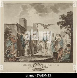 Allegoria al ripristino dello Stadholder Willem V, 1787, 1788 stampa rappresentazione allegorica sul recupero dello Stadholder Willem V e il suo recupero a l'Aia il 20 settembre 1787. La giustizia apre il cancello per un giovane principe (il principe Willem V), in modo che la strada per l'Aia sia libera per lui. L'arte della guerra e la rabbia armata cercano di fermare la porta invano. La Provincia d'Olanda gli dà il comando Stab. Prima dell'Hollandse Leeuw con l'anno 1766 (quando il principe divenne uno stadholder). Sullo sfondo, gratitudine incide i nomi Brunswijk e Rhoon su una colonna. Dal cielo, tutti i -s. Foto Stock