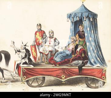 Waggon da una manifestazione storica delle Crociate, 1586. Saladino, Salah ad-DIN Yusuf ibn Ayyub, sultano dell'Impero Ayyubide 34, re Riccardo i il cuore di Leone 35, e il suo scudo 37, al-Aziz Uthman 36 e giullare 38. Malek-Naser-Yousouf-Salah-ed-DIN (sic), Sultan van Egypte, Richard genaamd Leenwenhart, Azz-Eddin, Schildknaap, NAR. Litografia colorata a mano di Pieter Willem Marius Trap dopo un'illustrazione di Gerardus Johannes Bos in Maskerade, Leiden 1870, (Masquerade by Leiden Students 1870), una rievocazione storica della visita di Robert Lord Dudley, barone von Denbigh, conte di Leiceste Foto Stock