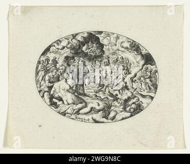 Godenbanket durante il matrimonio di Peleo e Teti, stampa del 1597 rappresentazione ovale della festa nuziale di Peleo e Teti. In mezzo alle nuvole, le figure degli dei usano il pasto su tavoli lunghi. Sullo sfondo, Eris, la dea del Twist, offre la mela dorata agli ospiti. Carta di Leida che incide la festa del matrimonio di Peleo e Teti tra le nuvole. Eris lancia la mela dorata Foto Stock