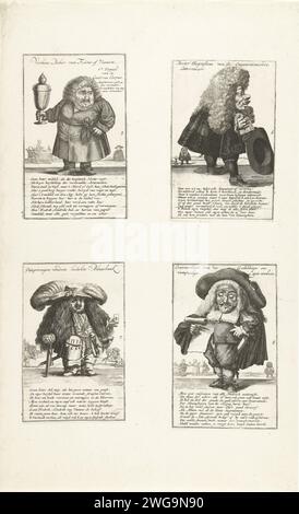 Foglio con caricature di nani e del commercio eolico, 1720, 1720 stampa Foglia con caricature di figure nane nel commercio eolico con un riferimento nelle didascalie a Vianen. Quattro lastre separate numerate 5-8 su una foglia stampata. Piatto 5: Un nano in vestaglia con una tazza grande. Piatto 6: Un nano con una parrucca grande, il cappello in mano. Tavola 7: Un nano come ufficiale con un grande cappello di piuma e una carta da gioco in mano. Tavola 8: Un nano con cappello che legge un rotolo di carta. Queste riviste 5-8 hanno nella didascalia in Vers in dieci righe. Stampa 29 nella serie la grande scena di follia con i cartoni animati Foto Stock