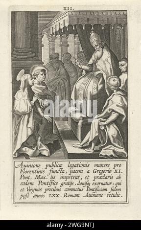 Catharina chiede a Papa Gregorio XI di tornare a Roma, Cornelis Galle (i), 1603 stampa Catharina e un maschio domenicano alla corte del Papa ad Avignone. Essi persuadono Papa Gregorio XI a tornare in Italia. Parte di una serie su Catharina da Siena composta da una stampa del titolo, un ritratto e 32 scene numerate della sua vita. Tipografia: Olanda meridionale spublisher: L'incisione di carta di Anversa papa Gregorio XI torna da Avignone a Roma dopo una visita da San Caterina da Siena Foto Stock