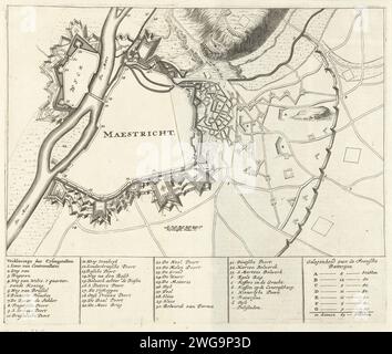 Piano dell'assedio di Maastricht, 1748, 1748 Stampa Mappa dell'assedio della città di Maastricht da parte dei francesi sotto Maurits van Saksen e Lowendal, dal 15 aprile e preso il 7 maggio 1748. Con carta chiarificata su parte delle fortificazioni. In fondo alla leggenda in olandese. Mappe cartacee delle città dei Paesi Bassi settentrionali. Fortezza Maastricht Foto Stock