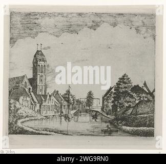 Faccia a Oudewater, Eberhard Cornelis Rahms, stampa 1853 - 1907 Vista della città di Oudewater con la torre del Saint Michaëlskerk sulla sinistra. Ci sono alcune barche sul fiume Hollandsche IJssel. Un ponte levatoio sullo sfondo. Chiesa olandese di incisione della carta (esterno). mulino a vento. ponte in città dall'altra parte del fiume, del canale, ecc. Oudewater Foto Stock