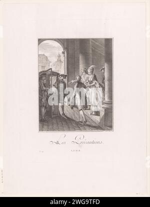 Hof Lady entra in una sedia berlina, Pietro Antonio Martini, dopo Jean Michel Moreau, stampa del 1789 la incinta elegantemente vestita Céphise corre con cura le scale da una casa. Indossa un vestito con "Engagantes" su cui un piccolo mantello a spalla. Un gentiluomo raggiunge le mani per salire su una berlina aperta. Gli uomini indossano un'abitudine à la franchaise con jabot rugoso e polsini. La coda dei capelli (la parrucca?) In un acconciatura con fiocco; tre punti come un cappello. Il bastoncino sottile ha sostituito il Galadegen. Incisione/incisione di carta francese su donna incinta. abito, abito (+ abiti da donna). coagulo Foto Stock