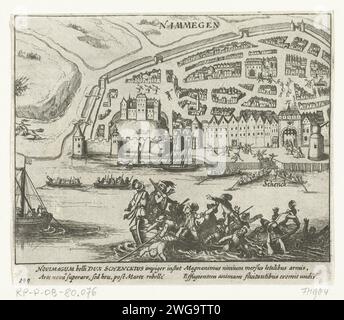 Attacco fallito a Nijmegen, 1589, 1613 - 1615 stampa attacco fallito a Nijmegen, 10 agosto 1589. Martin Schenck sta annegando nel Waal. Episodio della guerra di Colonia. Con didascalia di 4 righe in latino. Numero 199. Stampato sul retro con testo in latino. Acquaforte di carta dei Paesi Bassi del Nord annegamento, naufragio Nijmegen. Waal Foto Stock