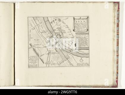 Assedio di Bonn, 1703, 1703 - 1714 stampa assedio della città tedesca di Bonn da parte degli Alleati dal 5 maggio e presa dopo la resa dei francesi il 15 (o 16) maggio 1703. Mappa con una mappa dei rinforzi intorno alla città e delle posizioni delle truppe assedianti. Parte della serie di 49 placche di famose città e fortezze forti durante la guerra di successione spagnola, ca. 1701-1713. Con i titoli in olandese e francese. Tipografia: Amsterdamprint Maker: Amsterdamafter stampa di: Francepublisher: Amsterdampublisher: Leiden cartaceo che incide le mappe delle città. Assedio, posizione guerra Bonn Foto Stock