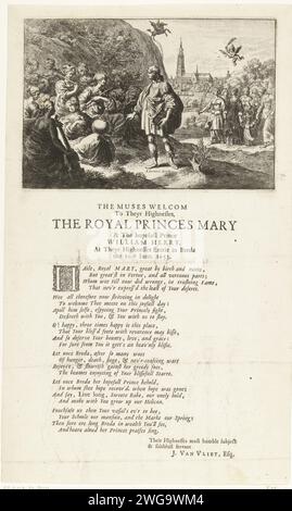 Apollo e le Muse salutano la principessa Maria con suo figlio Willem III durante la loro visita a Breda, 1653, 1653 stampa Apollo e le Muse salutano la principessa Maria Enrichetta che e suo figlio Willem III visitano Breda, 10 giugno 1653. Sullo sfondo il Grote Kerk di Breda. Presentare una poesia in 6 versi in inglese. Breda (forse) carta incisione/stampa tipografica Apollo and the Muses, Apollo Musagetes Breda Foto Stock