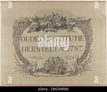 Allegoria sulla restaurazione dello stadholder, 1787 (su raso), Jan Gerritsz. Visser, dopo Antoni Zürcher, 1787 stampa Allegory per la restaurazione dello Stadholder Willem V nel 1787 con l'intervento delle truppe prussiane. Iscrizione calligrafica con vignette allegoriche. In cima per il sole radioso c'è la giustizia con prudenza e pace. Corno a sinistra e a destra di abbondanza da cui scorrono frutti e ricchezze. In fondo una vignetta con la libertà e il padre tempo. Stampato su raso con nastri rosa cuciti sotto e sopra. La stampa include una dichiarazione. Incisione satinata nei Paesi Bassi settentrionali / Foto Stock