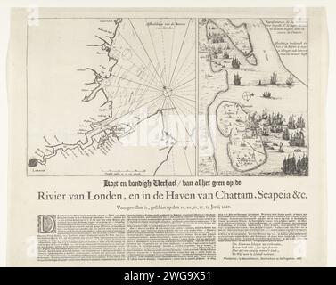 The Dutch RAID on the Medway, 1667, 1667 stampa Leaf con due esibizioni sul viaggio a Chatham il 20-23 giugno 1667 da parte della flotta statale al comando di Admiraal de Ruyter. Sulla sinistra una mappa della costa orientale inglese e della foce del Tamigi e del Medway. Sulla destra la flotta statale sul Tamigi e i combattimenti intorno all'isola di Sheppey e ai luoghi Sheerness e Chatham. Nella lamella sotto la prestazione, una descrizione in 3 colonne. Tipografia: Olanda settentrionale spublisher: Amsterdam cartaceo incisione/stampa di mappe di paesi o regioni separati. battaglia (+ navale f Foto Stock