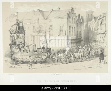 Praalwagen dispose l'Unione di Utrecht dal 1579, 1826 - 1863 stampa carrozza galleggiante nella sfilata alla Maskerade degli studenti di Utrecht nel 1853, allegoricamente raffigurante l'Unione di Utrecht chiuse nel gennaio 1579. L'auto è trainata per le strade di una città di Utrecht da un'estensione di sei cavalli. Sul Wagen De Hollandse Leeuw nel giardino Hollandse con striscioni delle sette province collegate all'Unione, con personificazioni di vigilanza e cautela. Sul retro di un trono vuoto. Tipografia: Netherlandsprinter: Festeggiamenti di carta Utrecht (+ galleggiante decorato, carro  attività festiva Foto Stock
