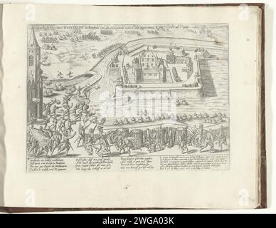 Castello di Westerlo conquistato da Mansfeld, 1583, 1583 - 1585 stampa il castello di Westerlo vicino a Breda sparato all'Armata del Conte di Mansfeld, 5 giugno 1583. Con didascalia di 12 linee in tedesco e 6 linee in francese. Numero: 58. Incisione di carta di Colonia Vittoria, posizione era Westerlo Foto Stock